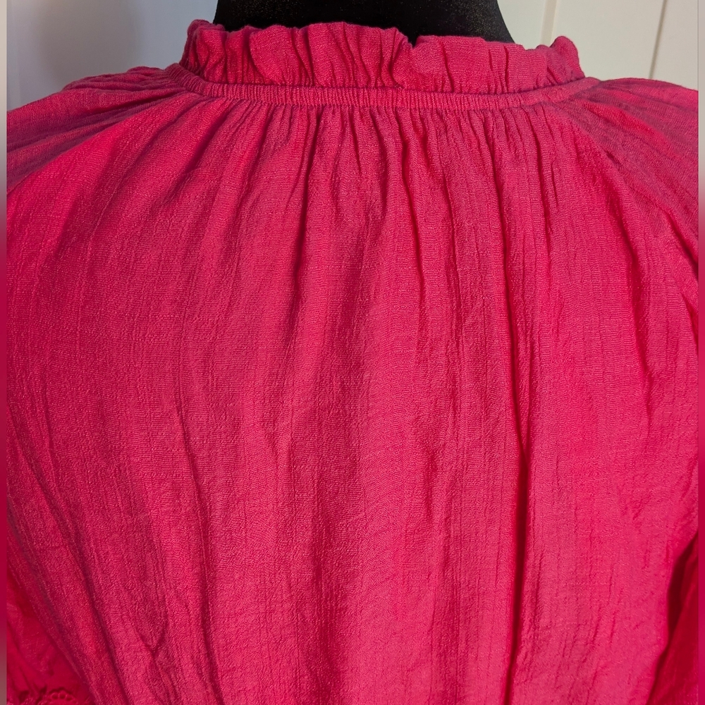 Fuchsia Pink Smocked Poplin Lace Embroidered Mini Dress Pullover Sz L - Picture 8 of 14